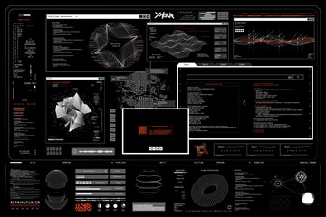 Sci-fi HUD dashboard with UI cyberpunk. Dark futuristic user interface set, FUI dashboard for games, scanning Earth Globe with charts, infographics, data. 3D HUD, and UI. Vector Sci-fi dashboard © SergeyBitos
