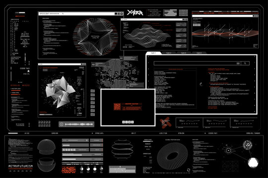Sci-fi HUD dashboard with UI cyberpunk. Dark futuristic user interface set, FUI dashboard for games, scanning Earth Globe with charts, infographics, data. 3D HUD, and UI. Vector Sci-fi dashboard