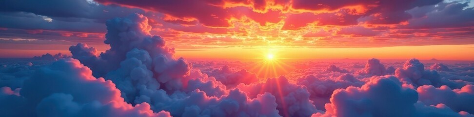 Fototapeta premium Vibrant sunrise, colorful cloudscape, panoramic view, morning, dawn, aerial