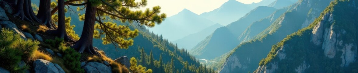 Fototapeta premium Ancient pines cling to steep mountain slopes, sunlight dappling through needles , blue sky, scenery, flora