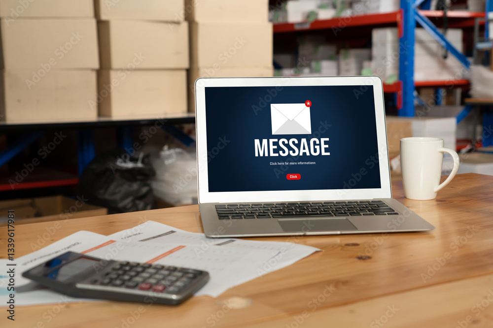 Poster email notification message showing on computer screen snugly. digital marketing message information 