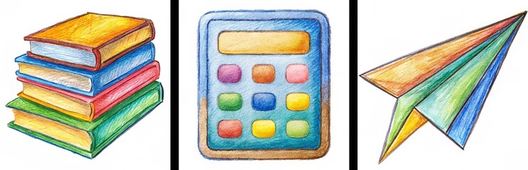 Colorful childlike calculator, paper airplane and stack of colorful books icon set with vibrant buttons for educational and creative design, white background
