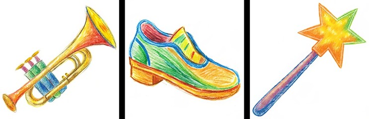 Whimsical crayon trumpet, dancing shoes and magic wand icon set for children's music education and creative arts, on white background