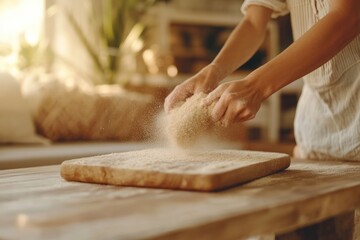 Hands Sifting Flour on Wooden Board in Warm Rustic Kitchen Setting