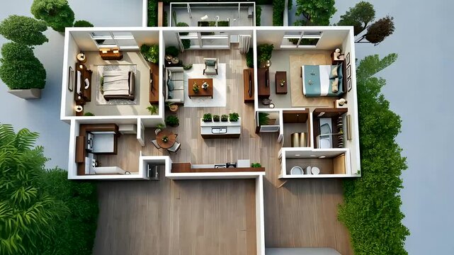 3D rendered architectural floor plan of contemporary residential home with interior details and furniture layout
