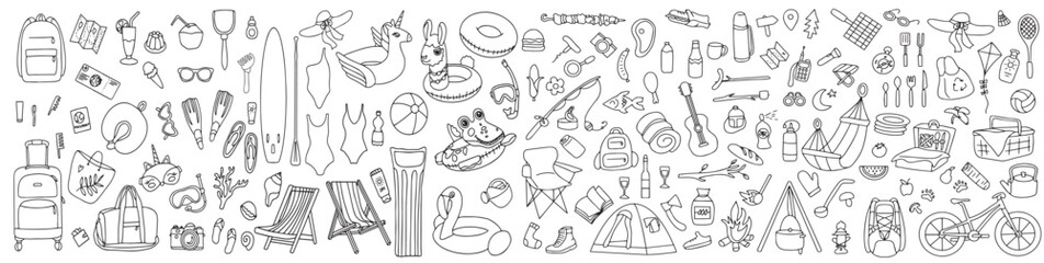 Hand drawn set of summer holiday elements, travel, drawn in doodle style. Illustration for banner, background, icon, logo design. Vector