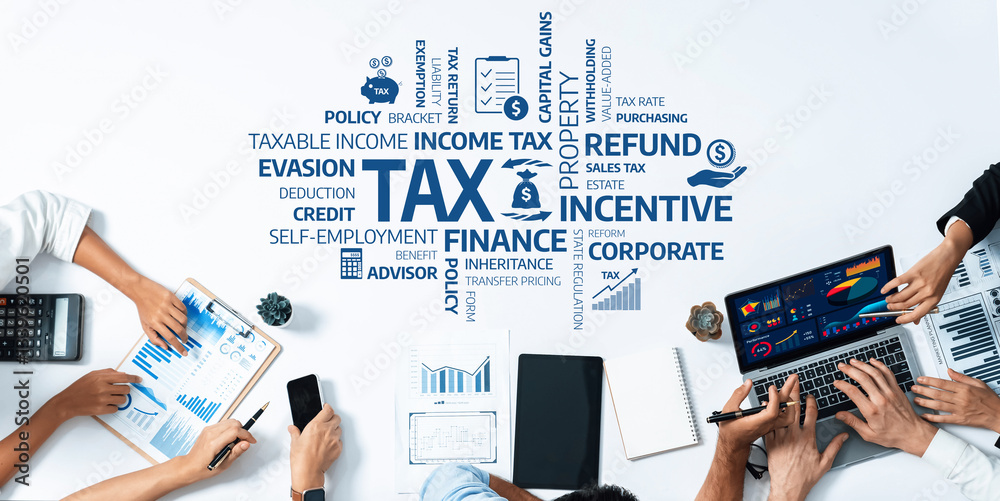Poster an illustrative and engaging overhead view depicting various financial documents and tools, emphasiz