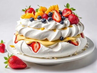 Gourmet pavlova dessert with meringue, creamy filling, fresh strawberries and blueberries.