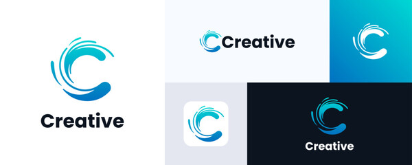 Letter C wave logo icon design, Initial letter C combination with wave shape and gradient blue color, Creative simple modern symbol water wave logo concept, Vector illustration inspiration template.