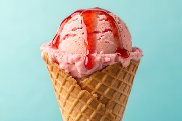 Delicious pink ice cream cone with syrup on a blue background  