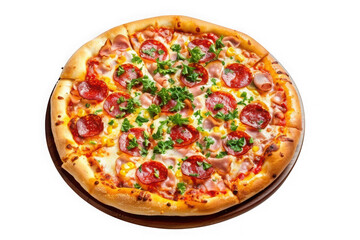 A full pizza with pepperoni ham and corn on a wooden board against a transparent background 