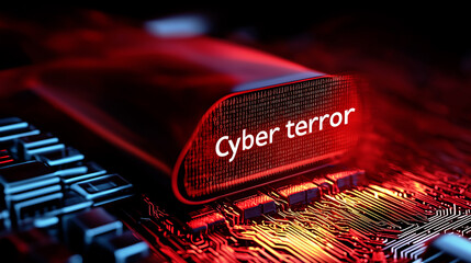 A futuristic glowing warning display with "Cyber terror" on a red-lit circuit board, symbolizing cyber crime, hacking, data security threats, and digital terrorism.