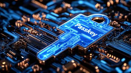 High tech digital key glowing in blue with "Passkey" written on it, integrated into a futuristic circuit board, symbolizing cyber security, encryption, and secure access.