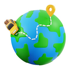 Tourist destination with a yellow car driving around a 3D earth. Suitable for travel blogs, websites, and promotional materials