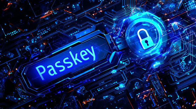 Futuristic passkey concept with glowing blue digital circuits, secure lock icon, and neon-lit interface, symbolizing cyber security, encryption, and digital protection.