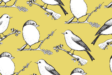 Seamless pattern with funny birds, flowers, leaves. Flat vector illustration with cartoon bird silhouette. Cute characters. Design for invitation, poster, card, textile, fabric.