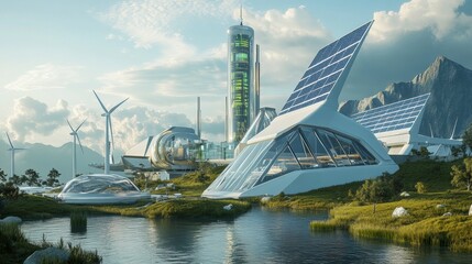 A futuristic office building with solar panels, wind turbines, and self-cleaning windows