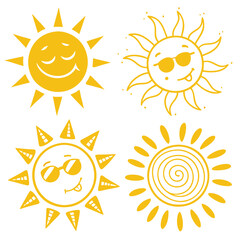 Sun smile icon set. Happy smiling sun. Cute sun. Sunshine emoji. Funny emotion. Vector illustration
