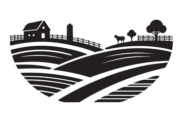 Rolling Hills Farmland With Barn And Horse Silhouette Vector Illustration