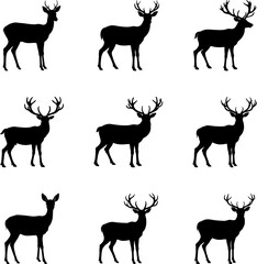 Nine Deer Silhouettes: Antlered Animal Images