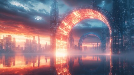 Obraz premium A surreal glowing archway leading into a futuristic abstract city 