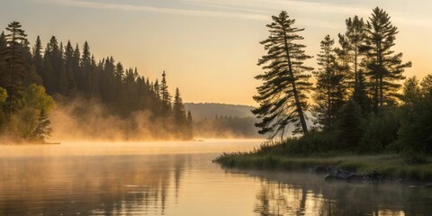 Fototapeta premium A serene lakeside at dawn, where the mist rises gently off the water, and the golden sunlight reflects off the calm surface, surrounded by towering pine trees.
