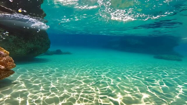 Bblue ocean with a rock in the middle. The water is calm and clear. The rock is partially submerged in the water