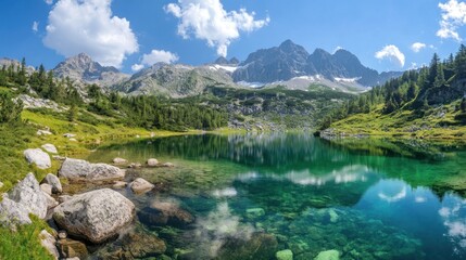 Fototapeta premium Serene Mountain Lake Reflection, Breathtaking Alpine Vista