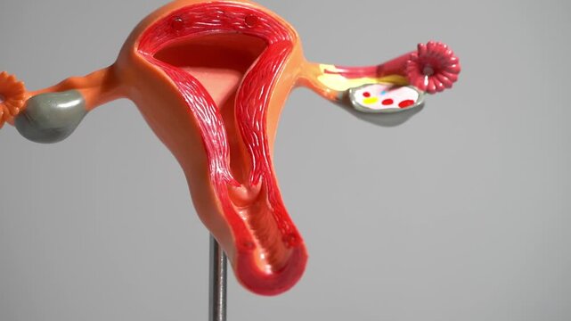 A model of a female reproductive organ with a red and white paint job. The red and white colors give the organ a playful and artistic feel