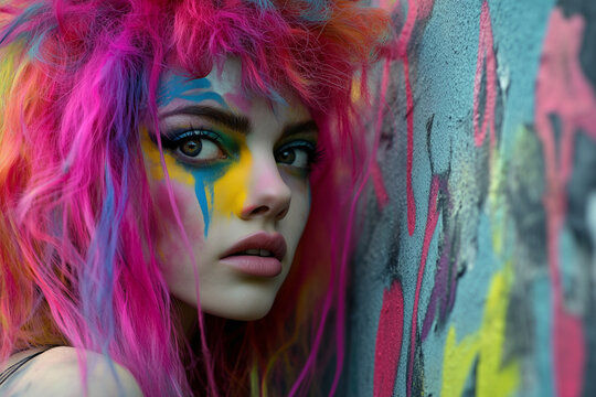 woman with rainbow hair and face paint is standing in front of a wall with graffiti. Concept of creativity and self-expression - Powered by Adobe