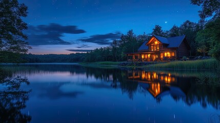 Fototapeta premium A serene lake reflecting glowing northern lights under a clear night sky 