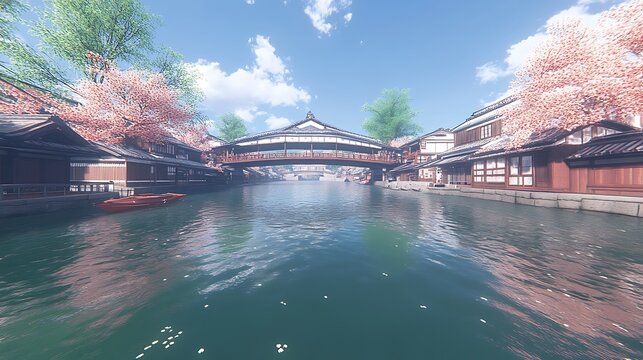 Tranquil canal scene with traditional architecture and cherry blossoms.