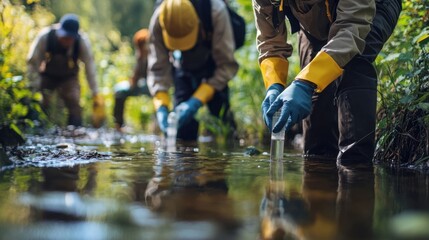 Naklejka premium A group of conservationists collects water samples from a polluted river, showcasing environmental activism and commitment to preserving nature