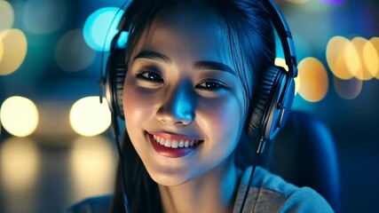 In a bustling city, a young woman with stylish headphones beams joyfully as she immerses herself in innovative technology, blending business savvy, creativity, and tech advancement - Powered by Adobe