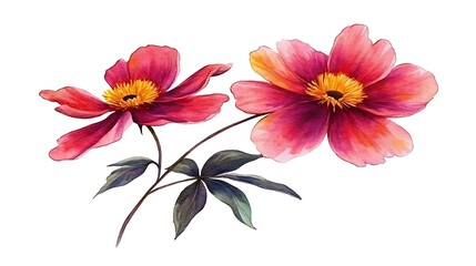 Watercolor red flowers bloom on stem, isolated, for beauty design