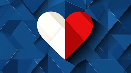 A red and white heart illustration on a geometric blue background