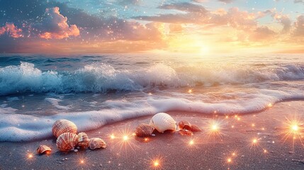 A serene beach scene with glowing seashells and sparkling ocean waves