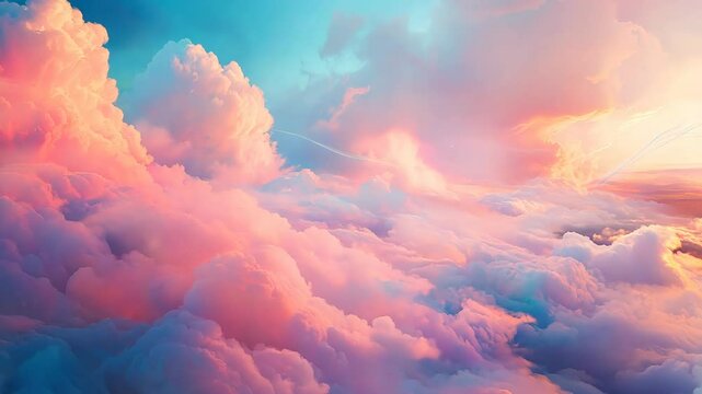 Beautiful pink and purple sky with fluffy clouds. The sky is filled with a sense of wonder and awe, as if it is a painting come to life. The colors are vibrant and the clouds are soft