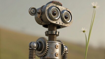 a windup robot with springy googly eyes on a stalk, unreal engine render, 8k