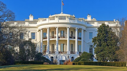 White House exterior on sunny day, Washington D.C. Government building background