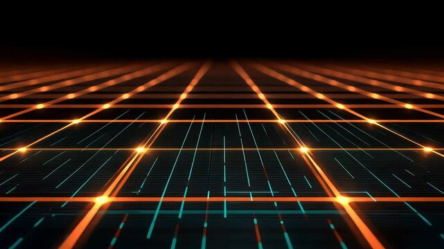 Black and orange grid with a lot of light shining on it. The image has a futuristic feel to it