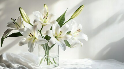 Fototapeta premium A vase filled with white flowers rests on a white tablecloth, casting a shadow against a wall