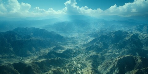 Stunning Aerial View Turquoise Mountain Range Landscape sky blue vast high rock calm wild