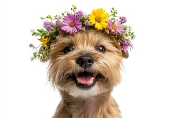 Professional studio graphic. Isolated pure white background, copy space, marketing creative. Dog portrait with floral accessories. Puppy in flower crown against solid background.