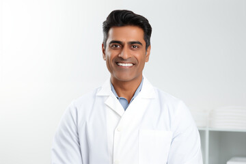  Smiling Indian dentist on white background providing professional dental care and promoting oral health with a friendly and confident approach to patient treatment and dental hygiene.