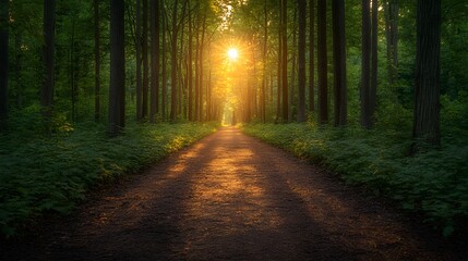 Fototapeta premium Serene forest path lined with tall trees under soft afternoon light, inviting peacefulness and escape into nature's tranquility