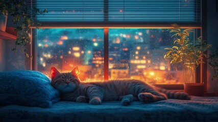 Cozy lofi anime bedroom interior soft light and a sleeping cat snow in night time, Flickering Lights, Changing Sky, Looping. Animated Background Wallpaper. VJ Vtuber Streamer Backdrop. Seamless Loop