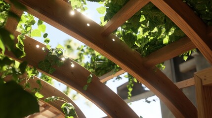 Sunlight filtering through wooden pergola covered in lush green vines