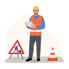 Vector illustration of a foreman. Cartoon scene of a foreman of road works, dressed in a protective orange vest, helmet, holding a paper, road sign of repair work, cone isolated on white background.