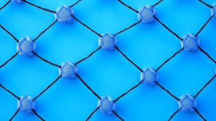 Fototapeta premium Blue Lights Net Pattern - Close-up of a net with blue light decorations on a vibrant blue background. Perfect for backgrounds, textures, and design elements